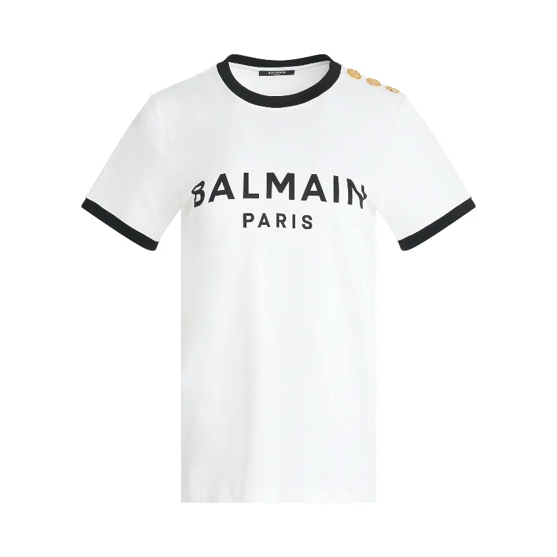 3 Button Balmain Print Bicolour T-Shirt in White/Black