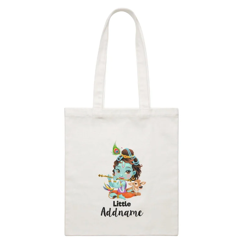 Customizable Canvas Tote Bag for Brand PromotionArtistic Krishna Playing Flute with Cow Little Addname White Canvas Bag