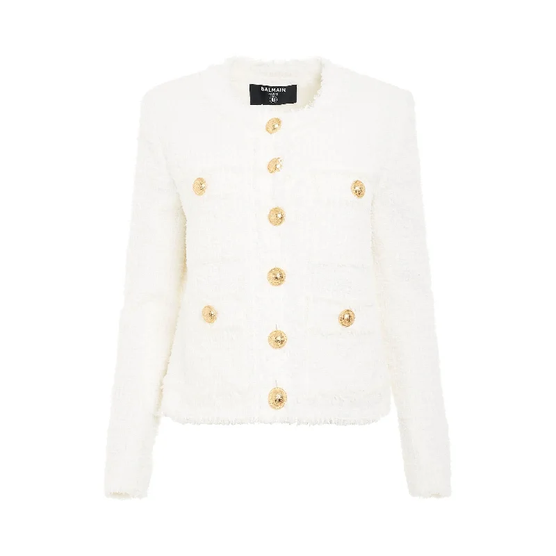 Collarless 4 Pockets Tweed Jacket in White