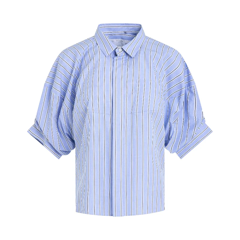 Cotton Balloon Sleeve Shirt in Light Blue Stripe