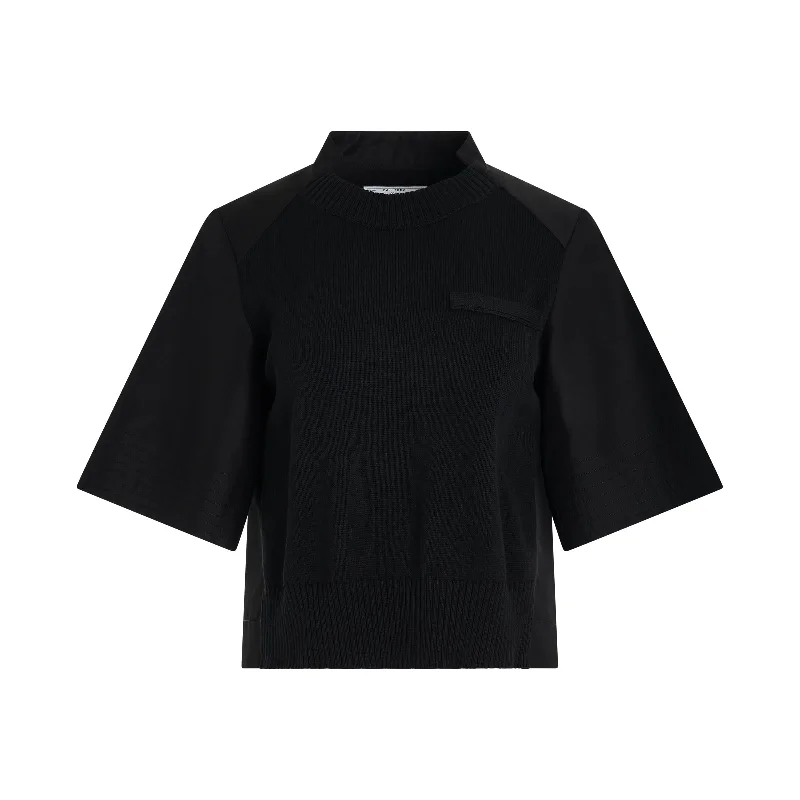 Cotton Gabardine x Knit Pullover in Black