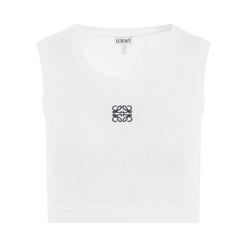 Cropped Anagram Tank Top in White/Navy Blue