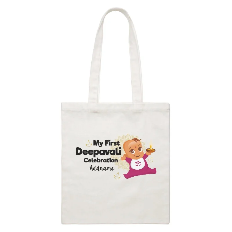 Large Capacity Canvas Tote Bag for Grocery Shopping with Reinforced HandlesCute Baby My First Deepavali Celebration Addname White Canvas Bag