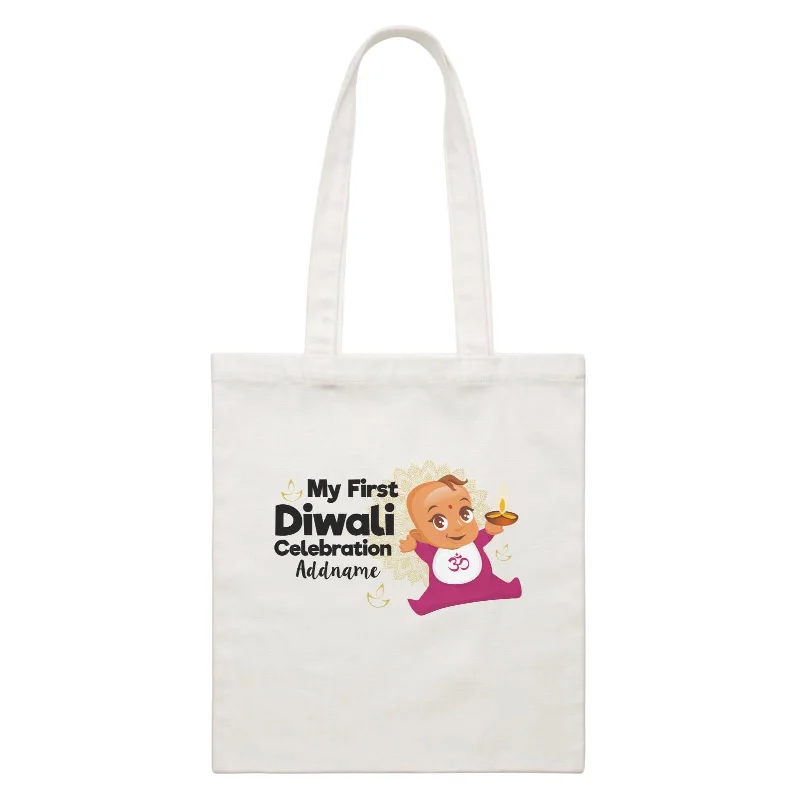 Customizable Canvas Tote Bag for Brand PromotionCute Baby My First Diwali Celebration Addname White Canvas Bag