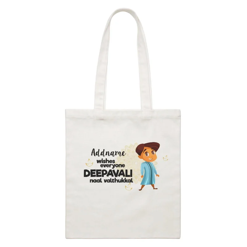 Canvas Bag with Leather Trim for a Stylish and Durable LookCute Boy Wishes Everyone Deepavali Addname White Canvas Bag