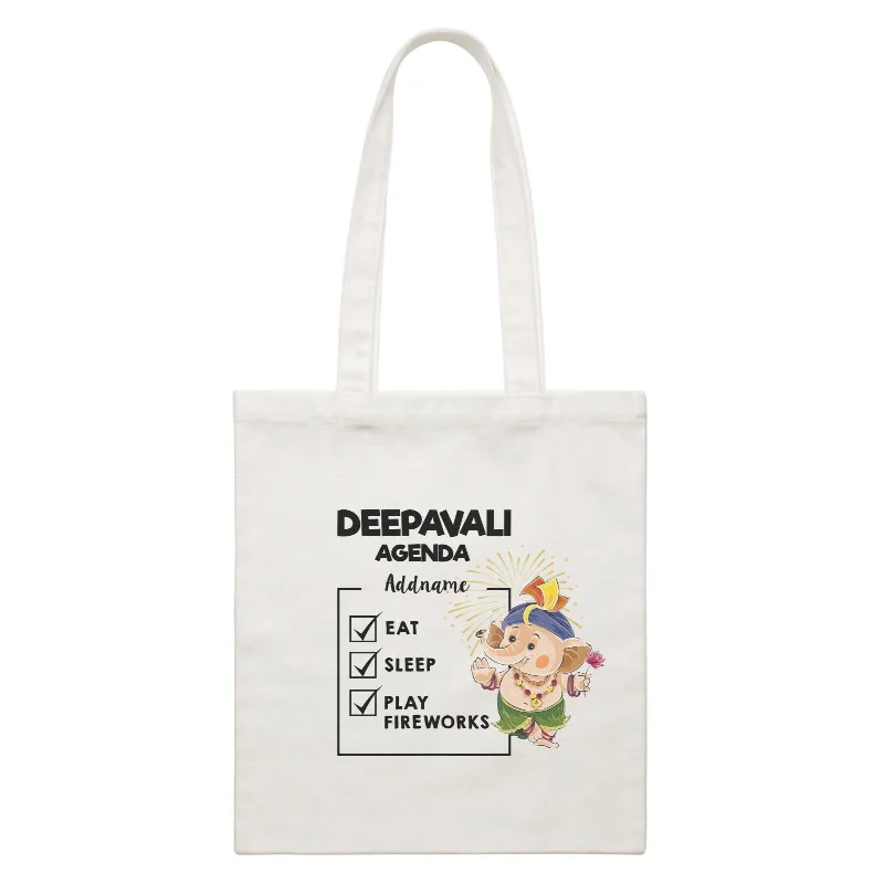 Canvas Bag with Leather Trim for a Stylish and Durable LookCute Ganesha Fireworks Addname Deepavali Agenda White Canvas Bag