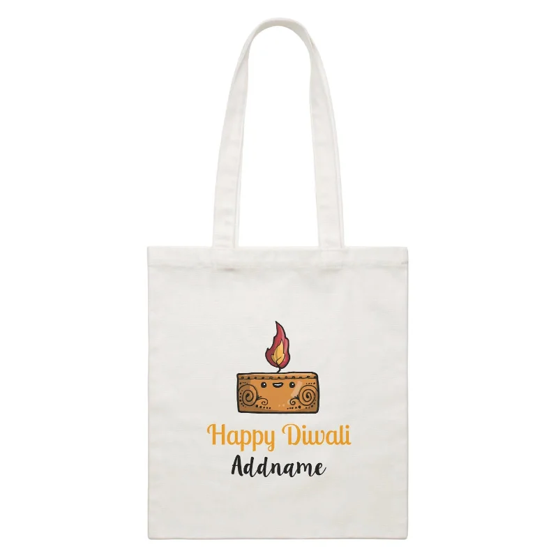 Large Capacity Canvas Tote Bag for Grocery Shopping with Reinforced HandlesCute Rectangle Diyas Happy Diwali Addname White Canvas Bag