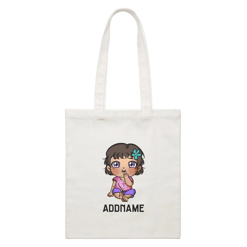 Canvas Beach Bag with Mesh Pockets for Sand - Free DryingDeepavali Series Chibi Baby Girl Front Addname White Canvas Bag