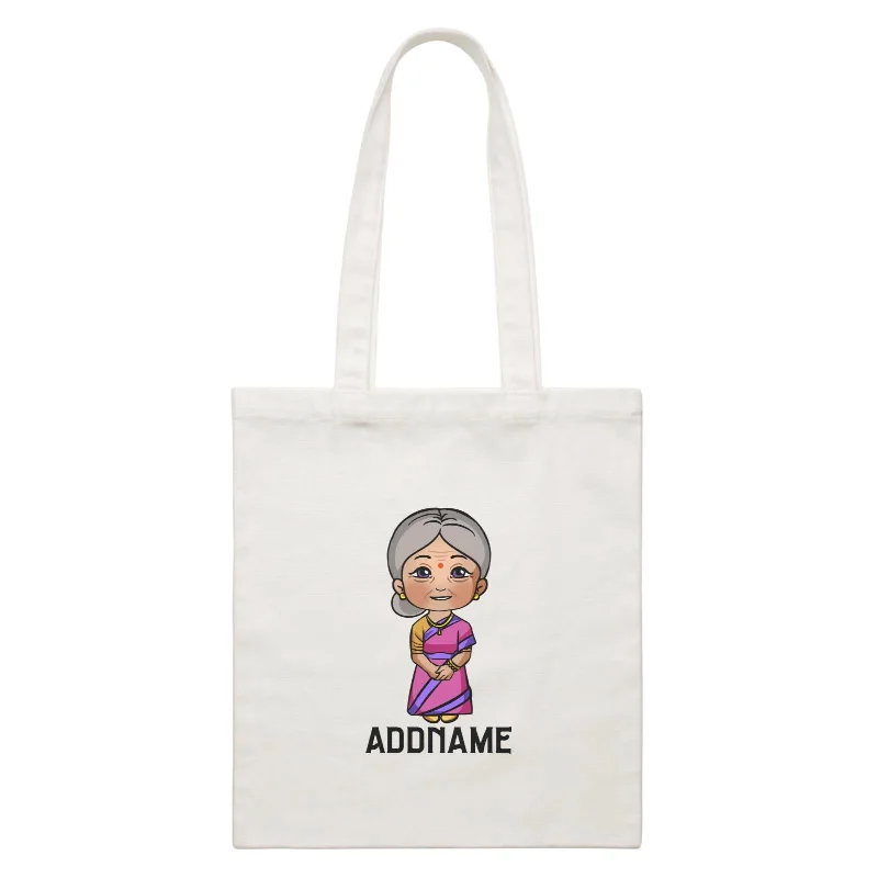 Small Canvas Crossbody Bag with Zipper Pocket for Travel EssentialsDeepavali Series Chibi Grandma Addname White Canvas Bag