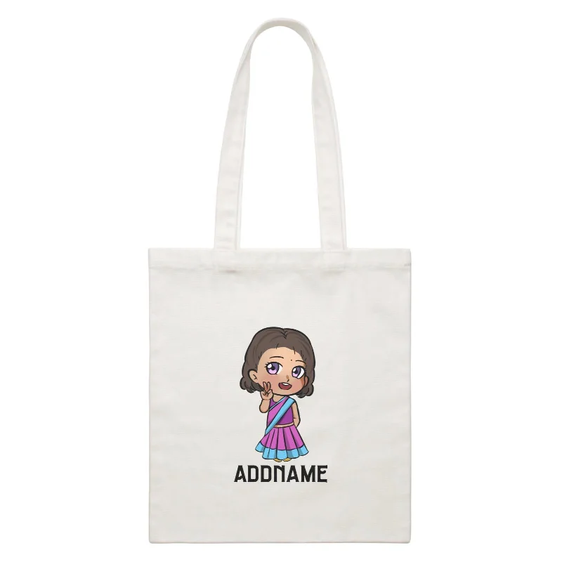 Canvas Bag with Leather Trim for a Stylish and Durable LookDeepavali Series Chibi Little Girl Addname White Canvas Bag