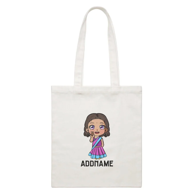 Foldable Canvas Shopping Bag for Easy Storage in Your CarDeepavali Series Chibi Little Girl Front Addname White Canvas Bag