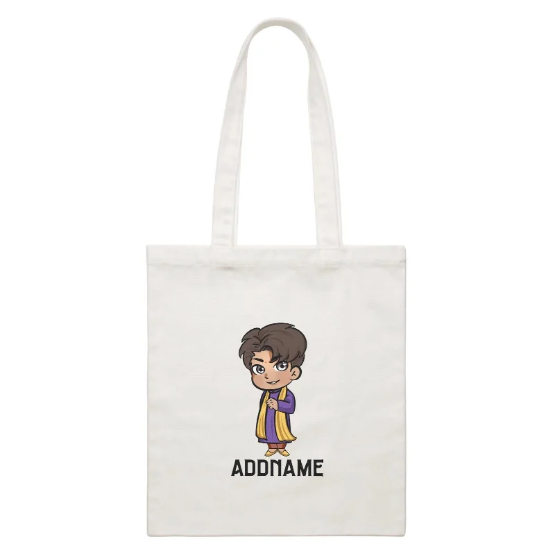 Foldable Canvas Shopping Bag for Easy Storage in Your CarDeepavali Series Chibi Man Addname White Canvas Bag