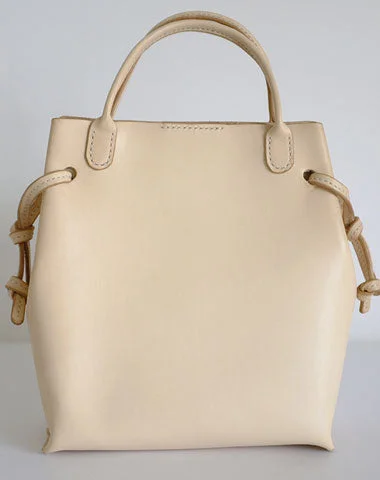 Handmade Leather Beige Womens Handbag Bucket Purse Barrel Bag for Women