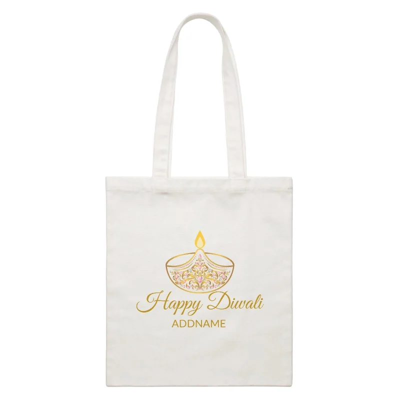 Canvas Bag with Leather Trim for a Stylish and Durable LookHappy Diwali with Ornamental Diyas Addname White Canvas Bag