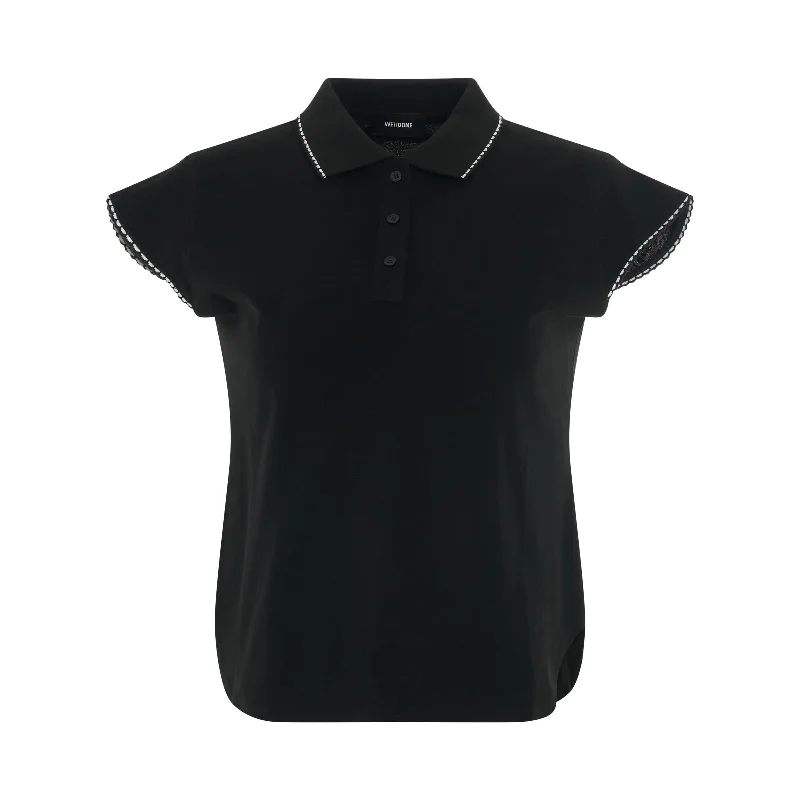 Lace Trimming Slim Fit Pique Top in Black