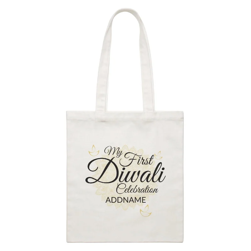 Large Capacity Canvas Tote Bag for Grocery Shopping with Reinforced HandlesMy First Diwali Celebration with Mandala Addname White Canvas Bag