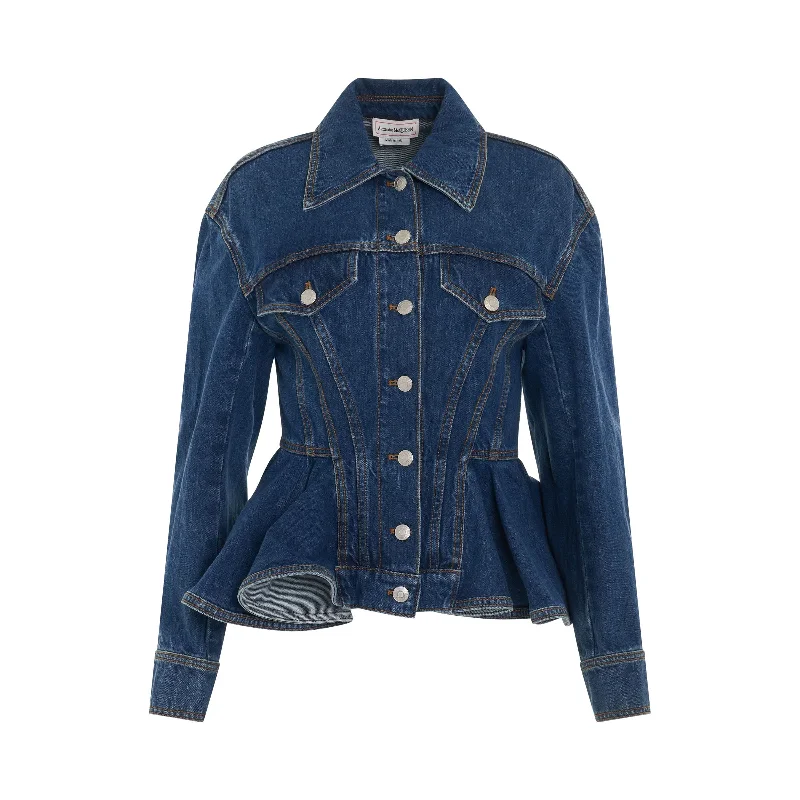 Peplum Denim Jacket in Blue Wash