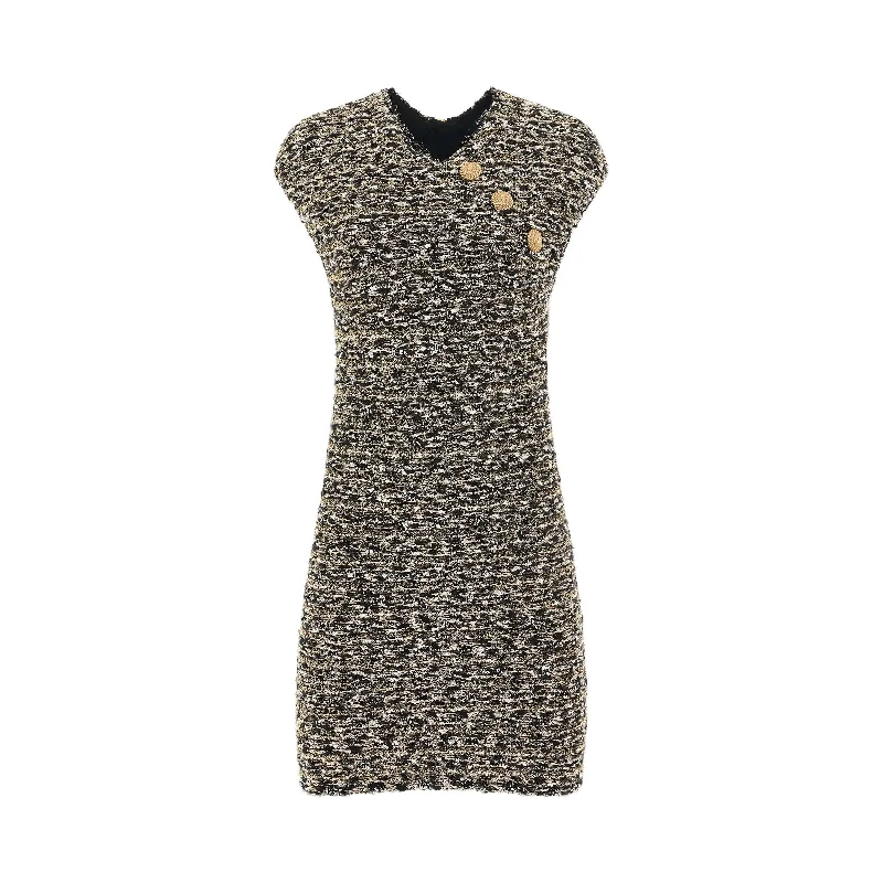 Sleeveless Tweed Short Dress in Black/Gold