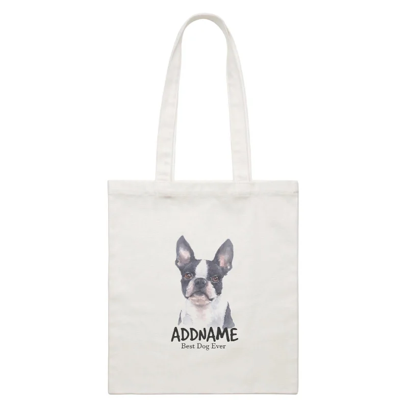 Waterproof Canvas Messenger Bag for Commuting in All WeatherWatercolor Dog Boston Terrier Front Best Dog Ever Addname White Canvas Bag