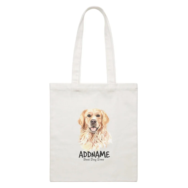 Canvas Beach Bag with Mesh Pockets for Sand - Free DryingWatercolor Dog Golden Retriever Happy Best Dog Ever Addname White Canvas Bag