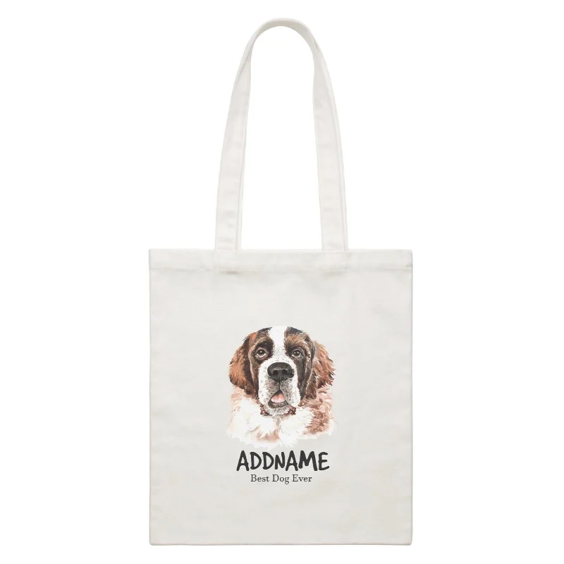 Small Canvas Crossbody Bag with Zipper Pocket for Travel EssentialsWatercolor Dog Saint Bernard Front Best Dog Ever Addname White Canvas Bag