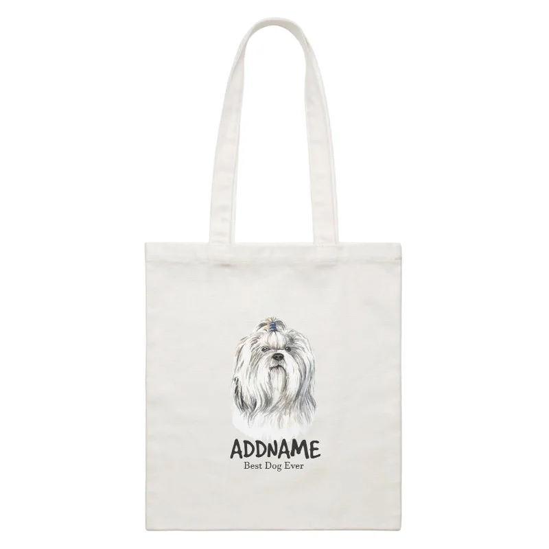 Large Capacity Canvas Tote Bag for Grocery Shopping with Reinforced HandlesWatercolor Dog Shih Tzu Best Dog Ever Addname White Canvas Bag