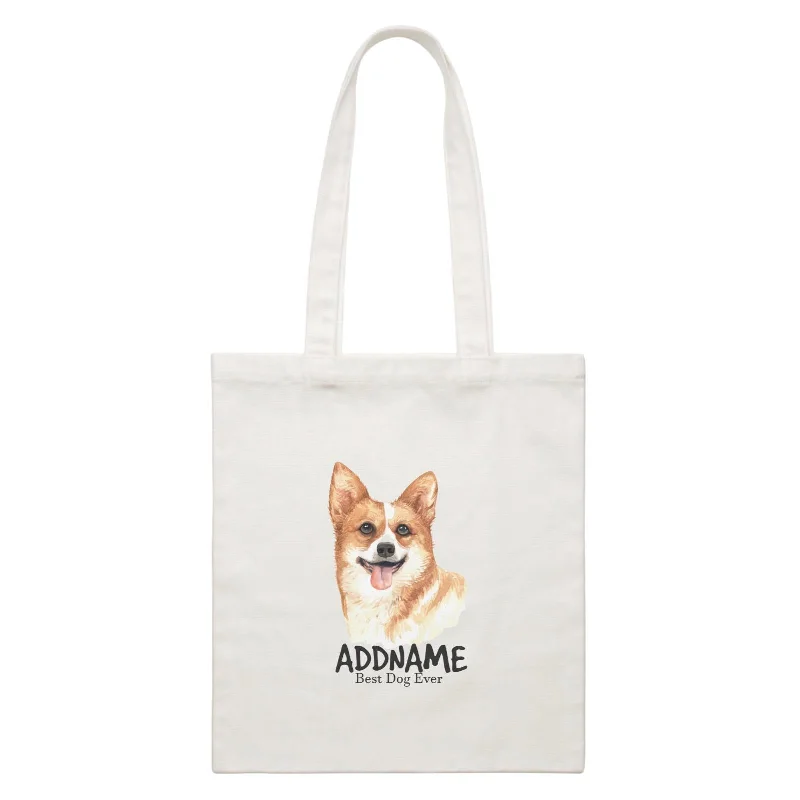 Canvas Beach Bag with Mesh Pockets for Sand - Free DryingWatercolor Dog Welsh Corgi Happy Best Dog Ever Addname White Canvas Bag