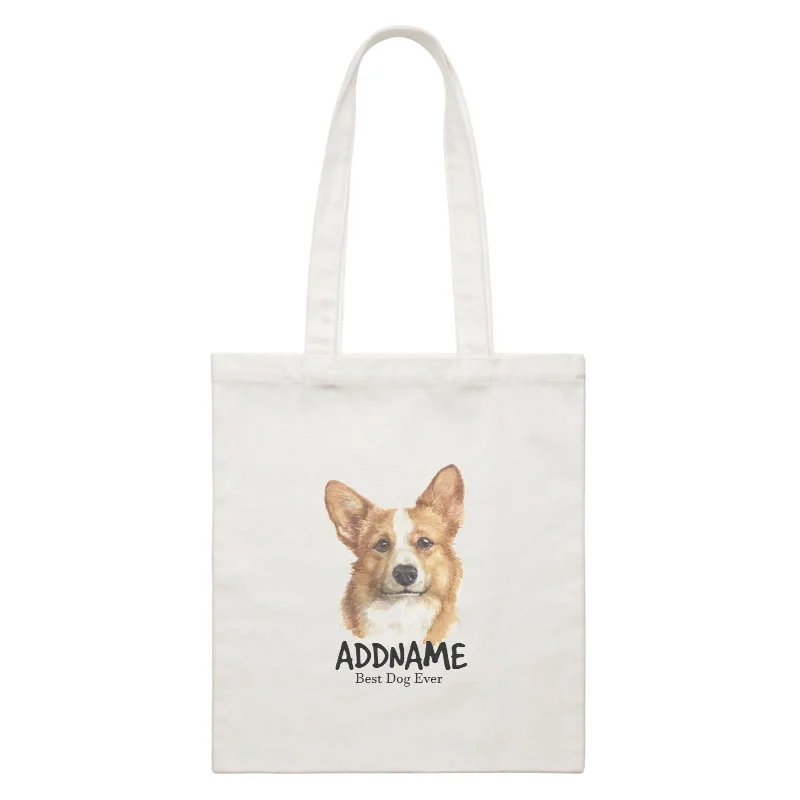 Foldable Canvas Shopping Bag for Easy Storage in Your CarWatercolor Dog Welsh Corgi Smile Best Dog Ever Addname White Canvas Bag