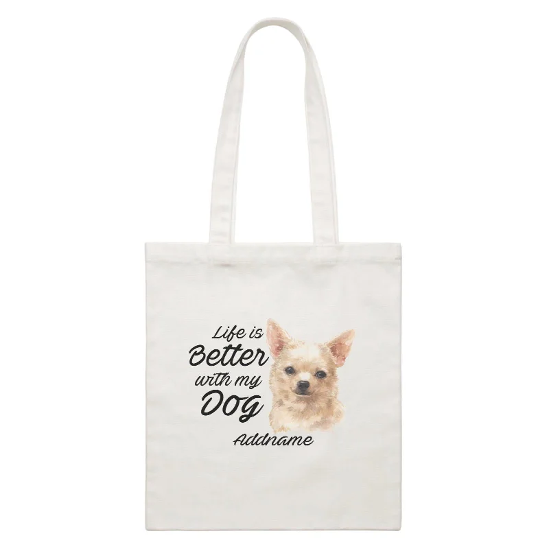 Canvas Beach Bag with Mesh Pockets for Sand - Free DryingWatercolor Life is Better With My Dog Chihuahua Brown Addname White Canvas Bag