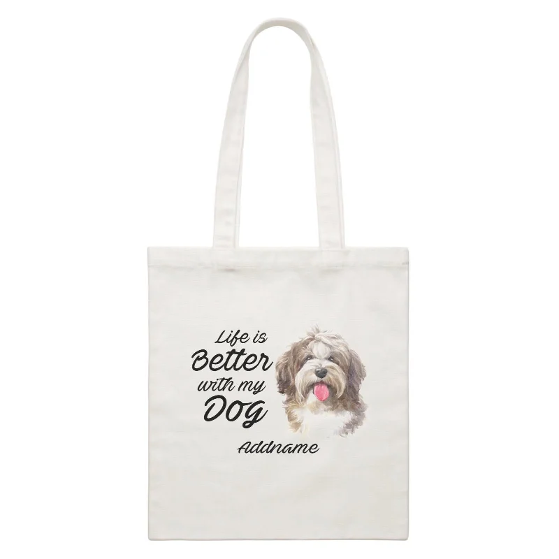 Canvas Bag with Leather Trim for a Stylish and Durable LookWatercolor Life is Better With My Dog Shaggy Havanese Addname White Canvas Bag