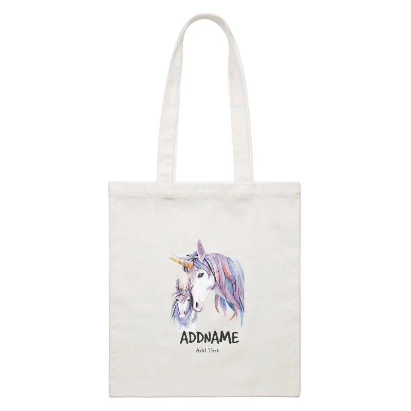 Boho - Style Embroidered Canvas Handbag for Summer FestivalsWatercolor Unicorn Mom & Child Addname White Canvas Bag