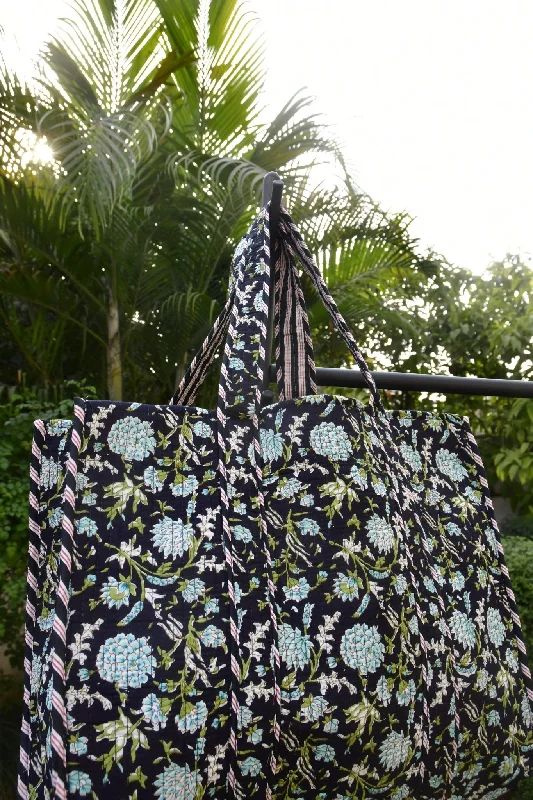 Tote Bag with RFID - Blocking Pocket in Black for Protecting Your Cards and InformationBlack Floral Tote Bag