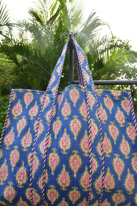 Patchwork Tote Bag in Denim with Vintage - Inspired Designs for a Retro AppealJaipur Delight: Blue Buta Tote Bag for Stylish Convenience