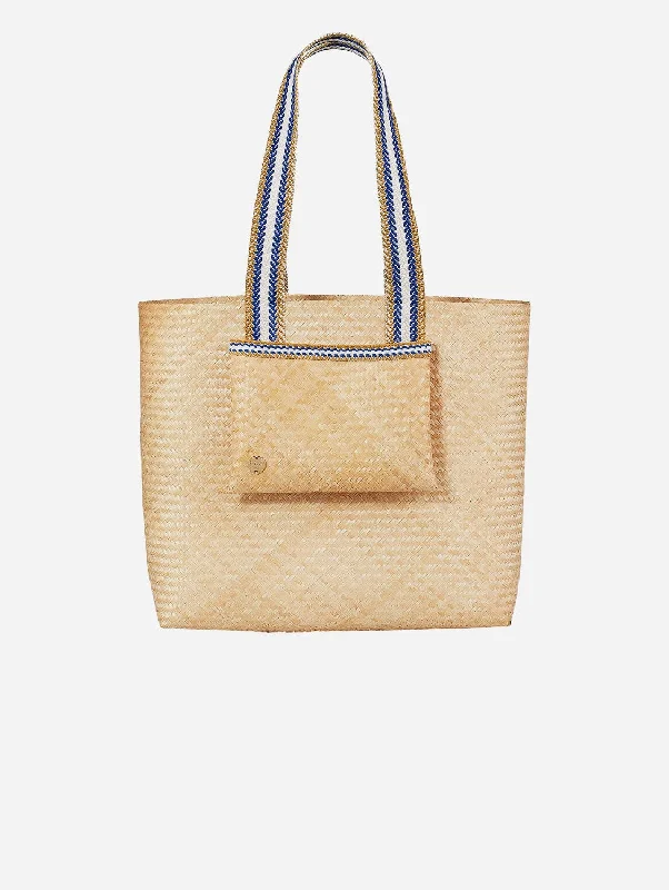 Linen Tote Bag in Natural Beige with Braided Details for a Rustic Summer EnsembleLembata Bamboo Small Shopper Bag | Neutral & Blue Stripe