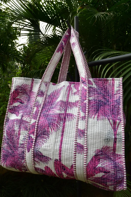 Oversized Jute Tote Bag in Natural Color with Rope Handles for a Beach VacationPalm Breeze Bliss: Hand-Printed Pink & White Palm Tote (Unique Design)