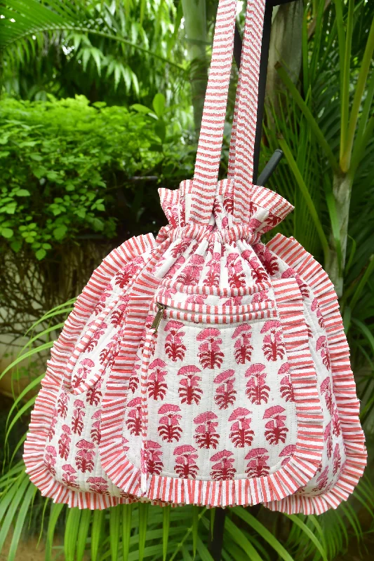 Geometric - Printed Tote Bag in Multicolor for a Contemporary and Trendy OutfitRed and White Potli Tote Bag