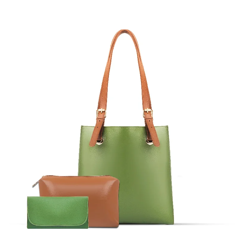 Metallic Tote Bag in Rose Gold with Chain Handles for a Glamorous Night OutSERENE 3 PCS GREEN