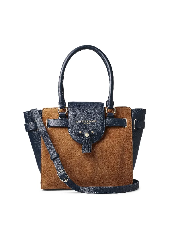 Patchwork Tote Bag in Denim with Vintage - Inspired Designs for a Retro AppealWindsor Tote - Tan & Navy