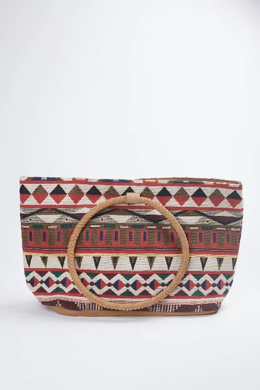 Geometric - Printed Tote Bag in Multicolor for a Contemporary and Trendy OutfitTulum Handloom Leather Tote In Red