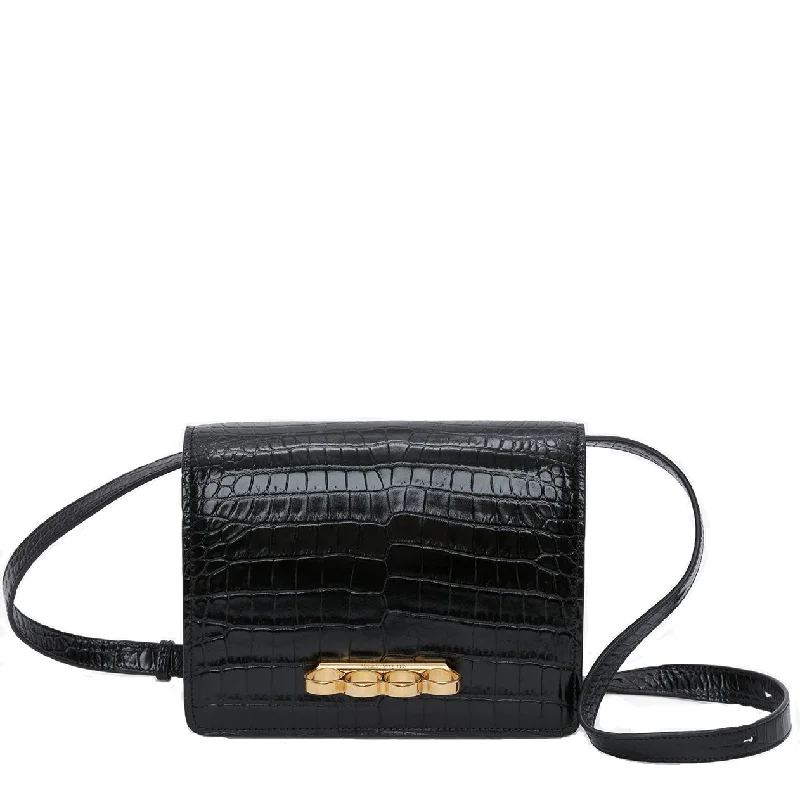 Leather Shoulder Bag with Magnetic Closure in Black for Quick AccessFour Ring Satchel Croc, Black/Gold