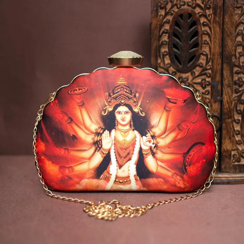 Women's Metallic Leather Clutch in Rose Gold for Valentine's DateArtklim Goddess Durga Printed D-Shape Clutch