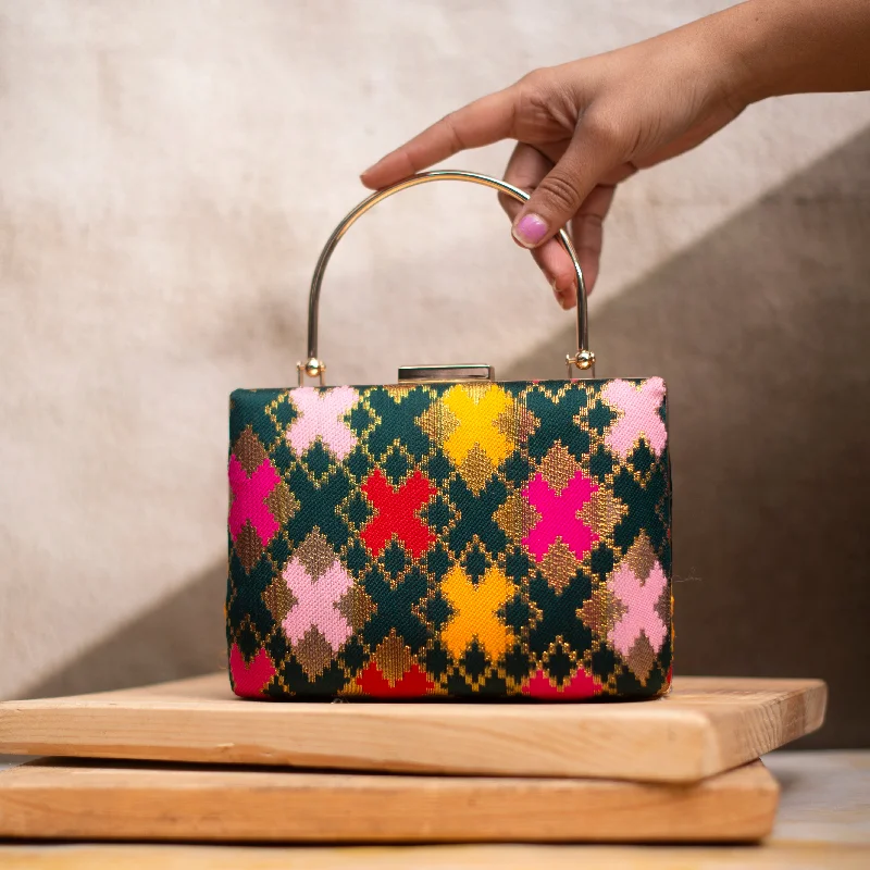 Geometric - Patterned PVC Evening Bag in Multicolor for Trendy Nights OutArtklim Green Brocade Printed Clutch