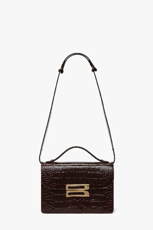 Crossbody Shoulder Bag in Black Leather with Gold Hardware for Night OutsDorian Bag In Dark Brown Croc Embossed Leather