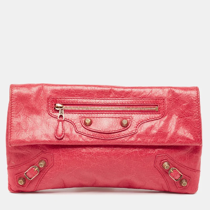 Leather Clutch with Chain Strap in Black for Cocktail PartiesBalenciaga Dark Pink Leather Rgh Envelope Clutch