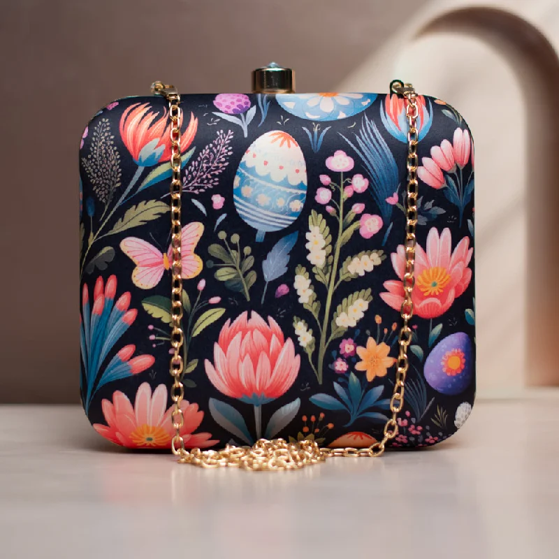 Women's Glittery Clutch in Blue for Disco - Themed EventsBlack Based Floral Printed Clutch