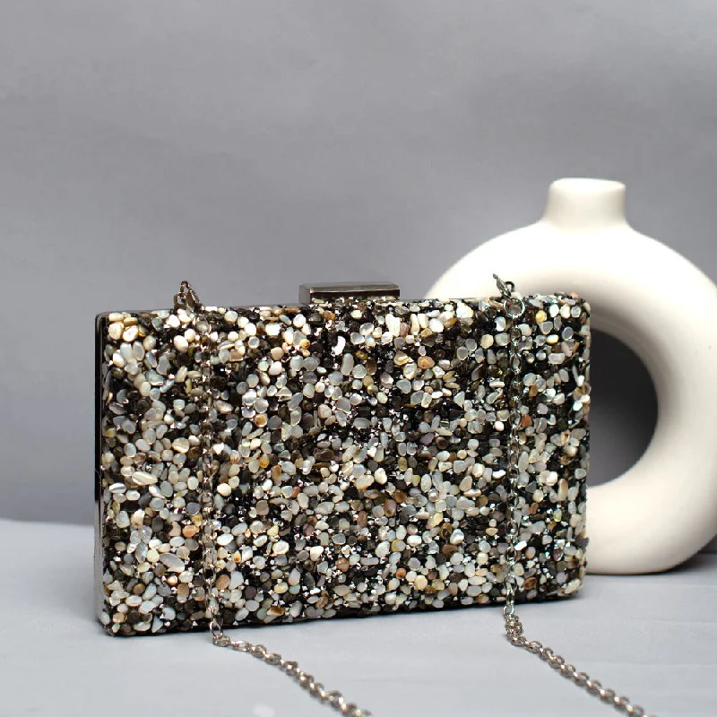 Women's Faux Fur Clutch in White for Winter BallsBlack Gravel Stone Metallic Evening Clutch