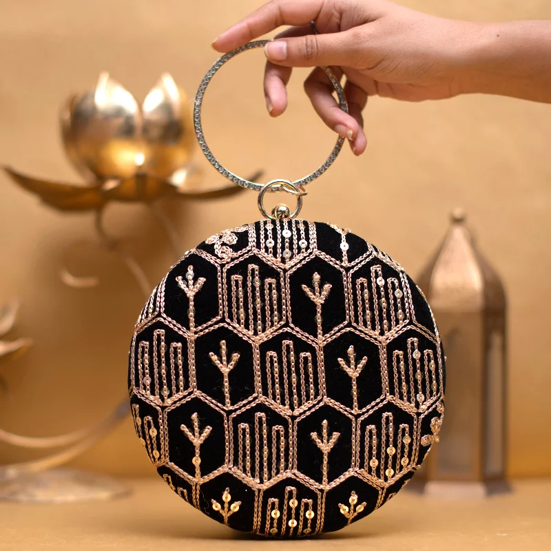 Geometric - Patterned PVC Evening Bag in Multicolor for Trendy Nights OutBlack Multipattern Thread Embroidery Round Clutch