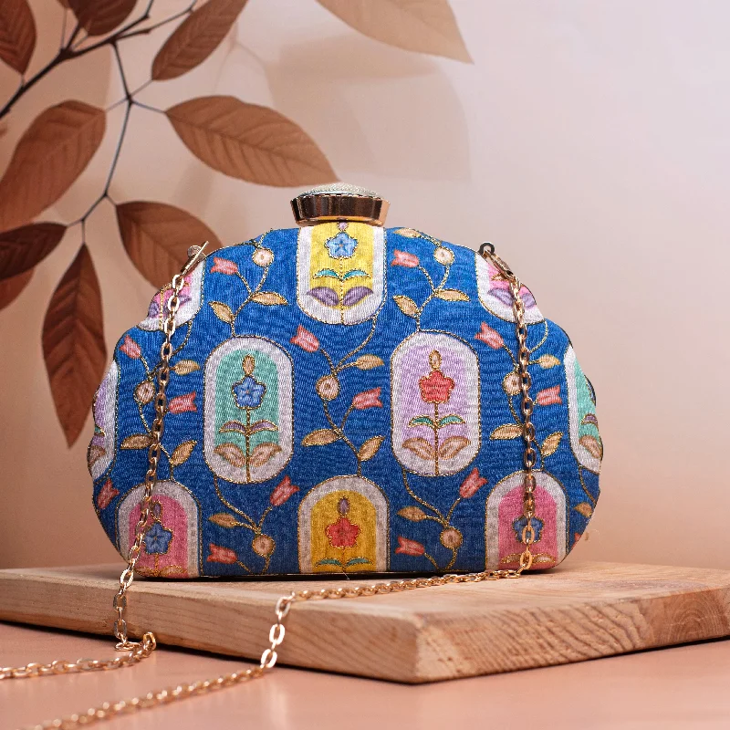 Geometric - Patterned PVC Evening Bag in Multicolor for Trendy Nights OutBlue Motif Printed Golden Zari Fabric Clutch