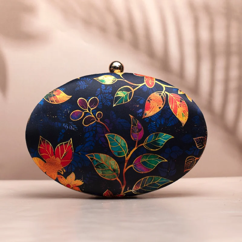 Women's Metallic Leather Clutch in Rose Gold for Valentine's DateBlue Batik Leaves Print Oval Clutch