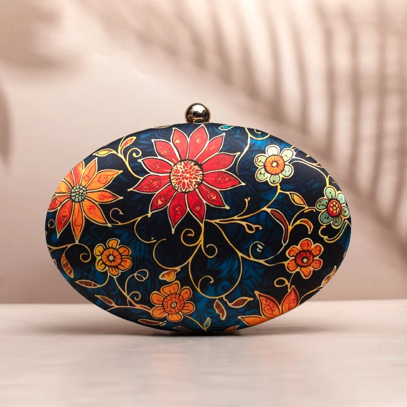 Women's Glittery Clutch in Blue for Disco - Themed EventsBlue And Orange Floral Printed Oval Clutch